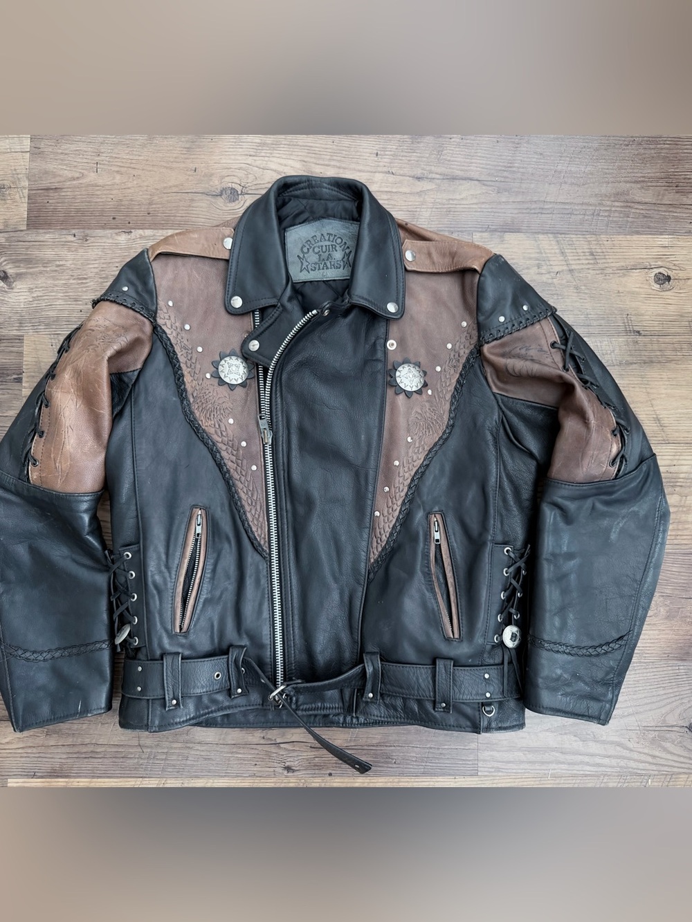 Black & Brown Leather Bomber-Style Varsity Jacket by Montana Custom